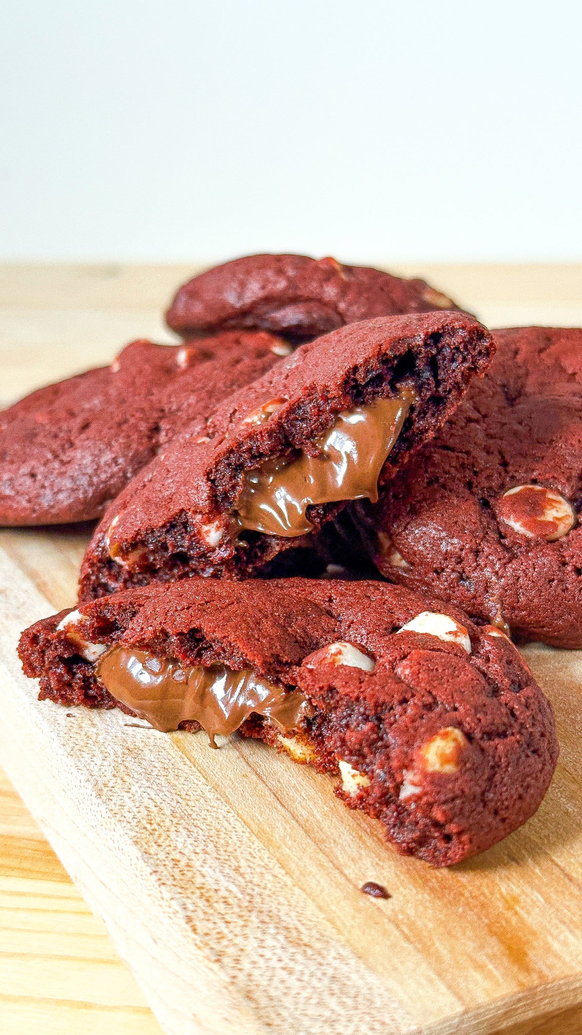 Red Velvet Cookie with cream cheese chips and a gooey Nutella heart